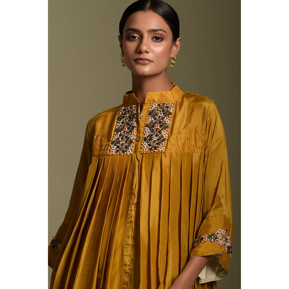 "Two Sisters" by Gyans Mustard Crepe Tunic with Cowled Pant (Set of 2)