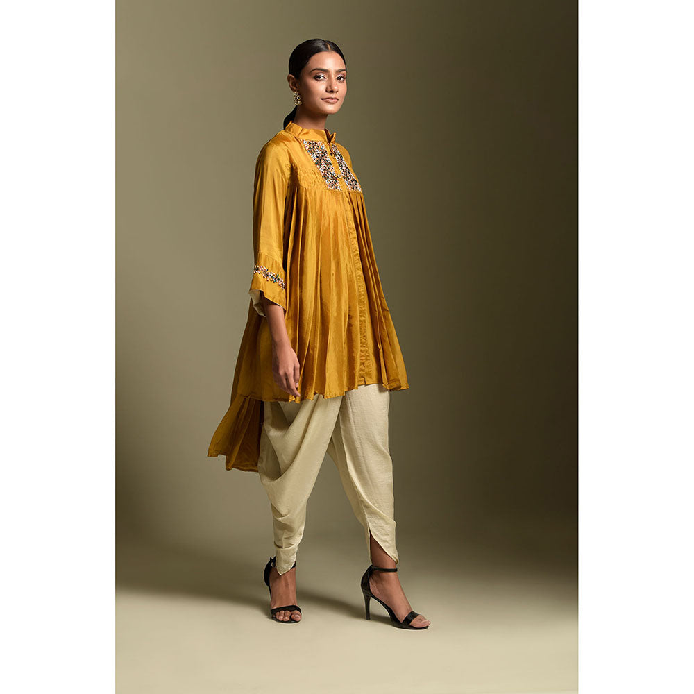 "Two Sisters" by Gyans Mustard Crepe Tunic with Cowled Pant (Set of 2)