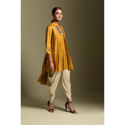 "Two Sisters" by Gyans Mustard Crepe Tunic with Cowled Pant (Set of 2)