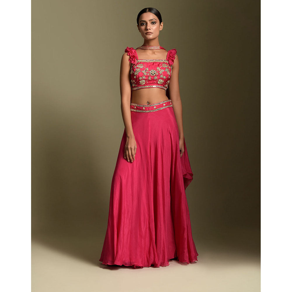 "Two Sisters" by Gyans Fuchsia Pink Chiffon Crop Top with Palazzo & Dupatta (Set of 3)