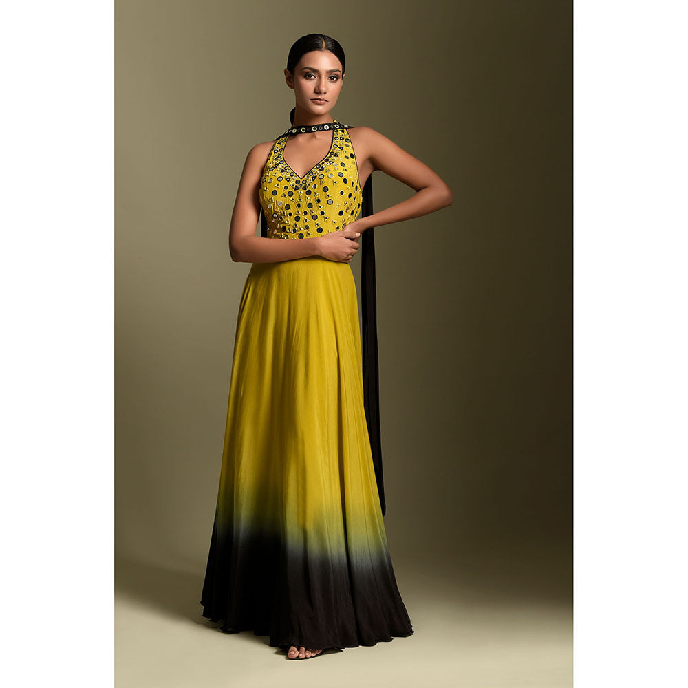 "Two Sisters" by Gyans Yellow And Black Crepe Anarkali Kurta & Dupatta (Set of 2)