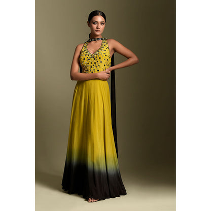 "Two Sisters" by Gyans Yellow And Black Crepe Anarkali Kurta & Dupatta (Set of 2)