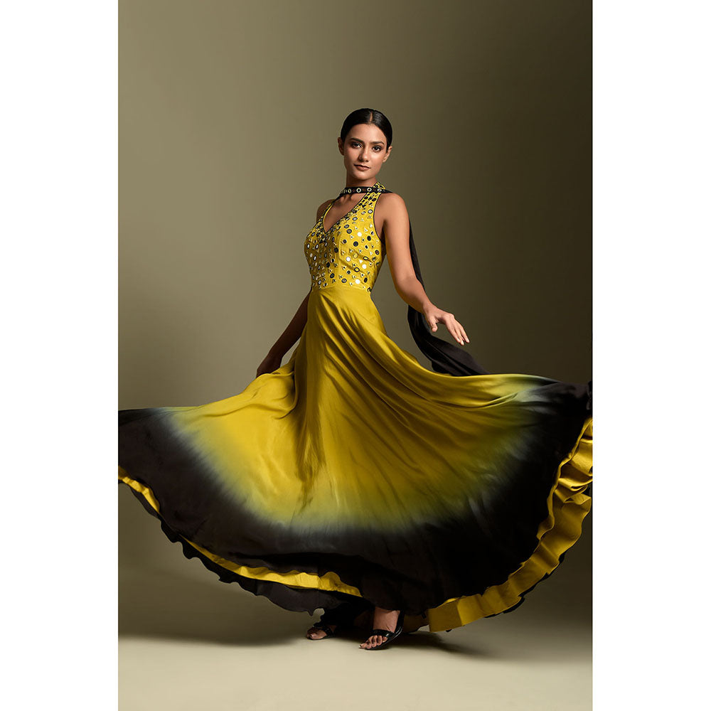 "Two Sisters" by Gyans Yellow And Black Crepe Anarkali Kurta & Dupatta (Set of 2)