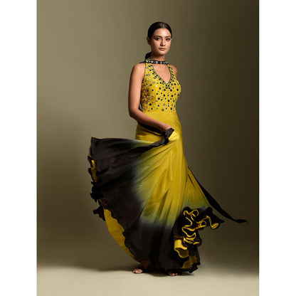 "Two Sisters" by Gyans Yellow And Black Crepe Anarkali Kurta & Dupatta (Set of 2)