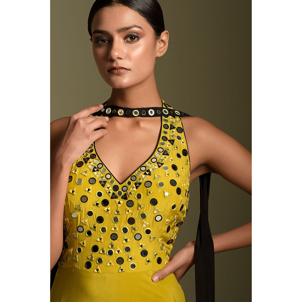 "Two Sisters" by Gyans Yellow And Black Crepe Anarkali Kurta & Dupatta (Set of 2)