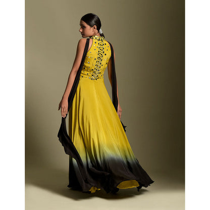 "Two Sisters" by Gyans Yellow And Black Crepe Anarkali Kurta & Dupatta (Set of 2)
