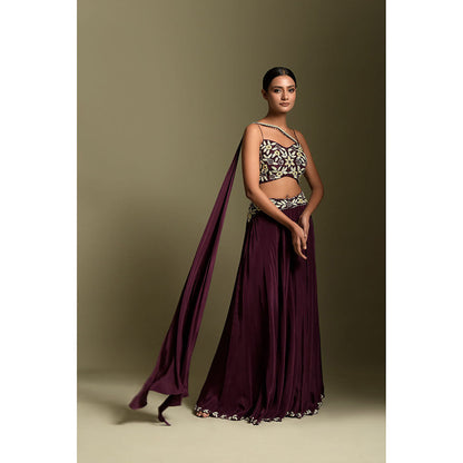 "Two Sisters" by Gyans Wine Crepe Crop Top & Palazzo (Set of 2)