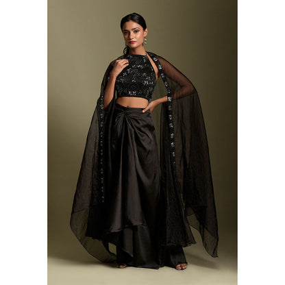 "Two Sisters" by Gyans Black Organza Crop Top with Cape & Skirt (Set of 3)