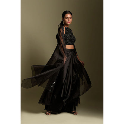 "Two Sisters" by Gyans Black Organza Crop Top with Cape & Skirt (Set of 3)