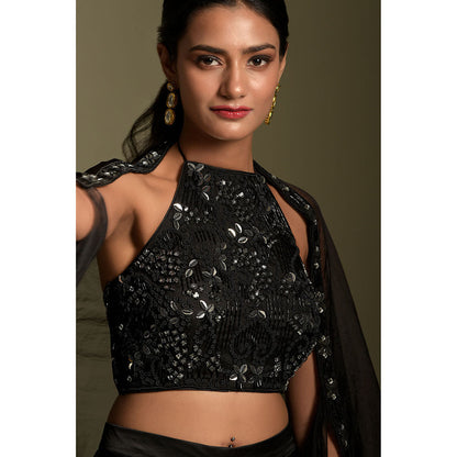 "Two Sisters" by Gyans Black Organza Crop Top with Cape & Skirt (Set of 3)