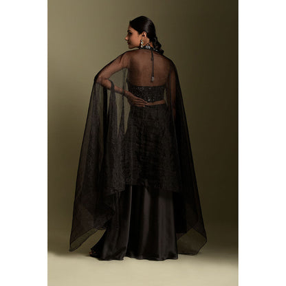 "Two Sisters" by Gyans Black Organza Crop Top with Cape & Skirt (Set of 3)