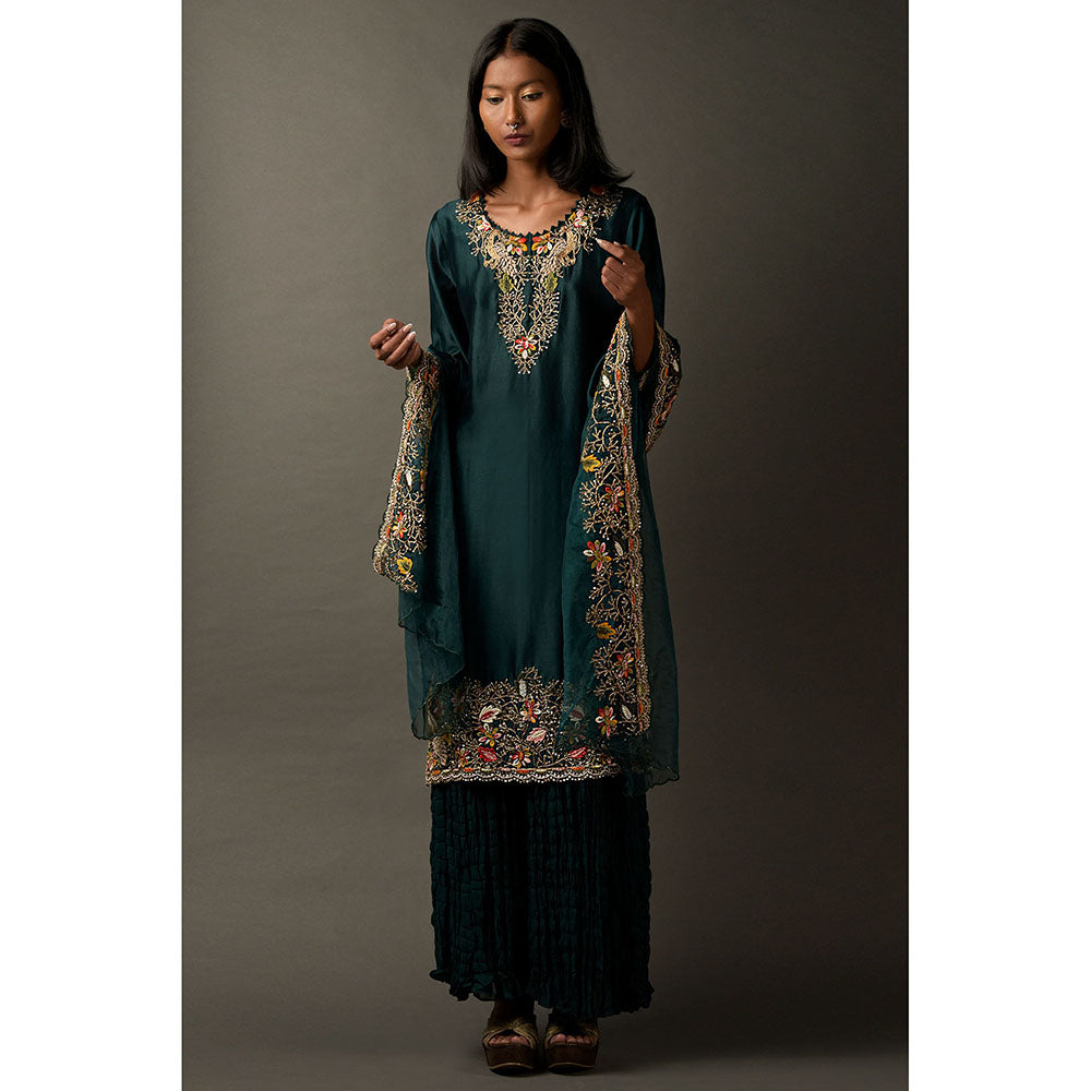 "Two Sisters" by Gyans Multi Embroidery Bottle Green Kurta with Dupatta & Pant (Set of 3)