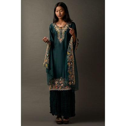 "Two Sisters" by Gyans Multi Embroidery Bottle Green Kurta with Dupatta & Pant (Set of 3)