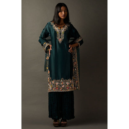 "Two Sisters" by Gyans Multi Embroidery Bottle Green Kurta with Dupatta & Pant (Set of 3)