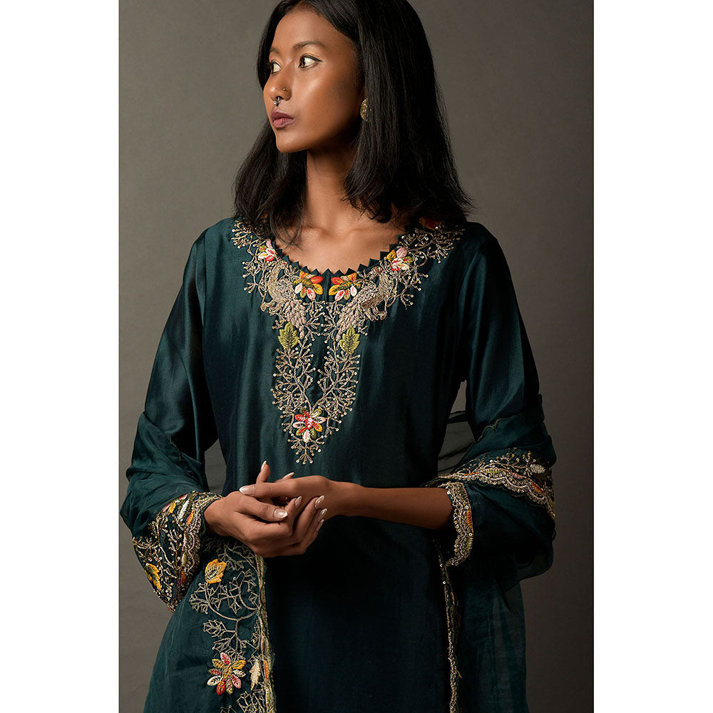 "Two Sisters" by Gyans Multi Embroidery Bottle Green Kurta with Dupatta & Pant (Set of 3)