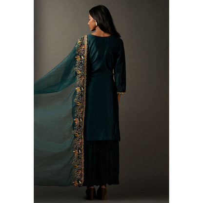 "Two Sisters" by Gyans Multi Embroidery Bottle Green Kurta with Dupatta & Pant (Set of 3)