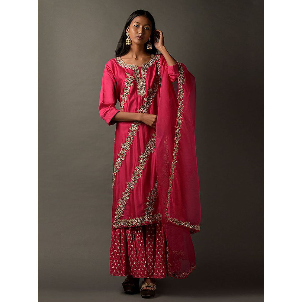 "Two Sisters" by Gyans Hot Pink Embroidered Kurta with Palazzo & Dupatta (Set of 3)