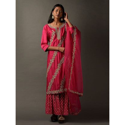 "Two Sisters" by Gyans Hot Pink Embroidered Kurta with Palazzo & Dupatta (Set of 3)