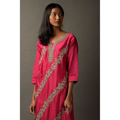 "Two Sisters" by Gyans Hot Pink White Thread Kurta with Dupatta & Pant (Set of 3)