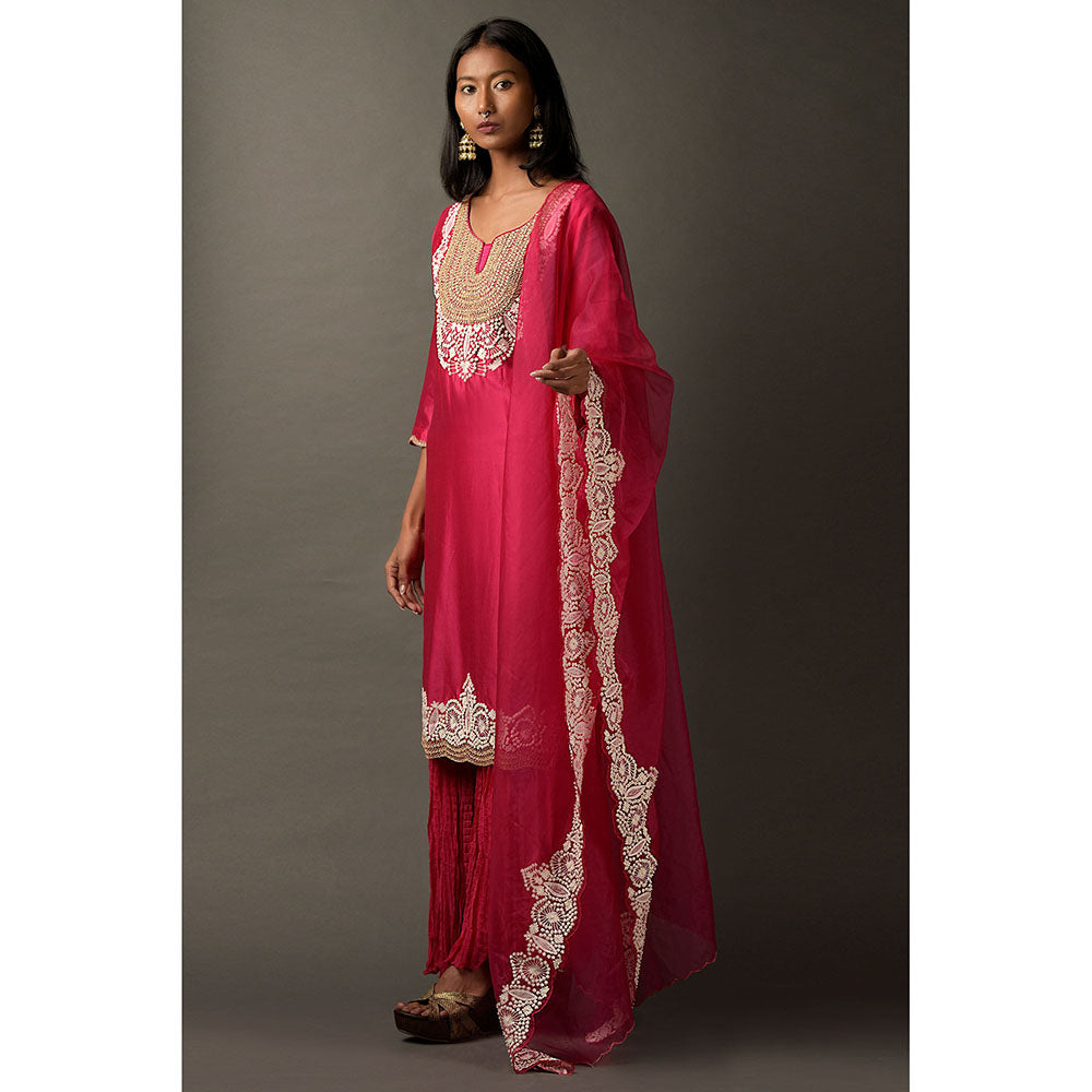 "Two Sisters" by Gyans Hot Pink White Thread Kurta with Dupatta & Pant (Set of 3)