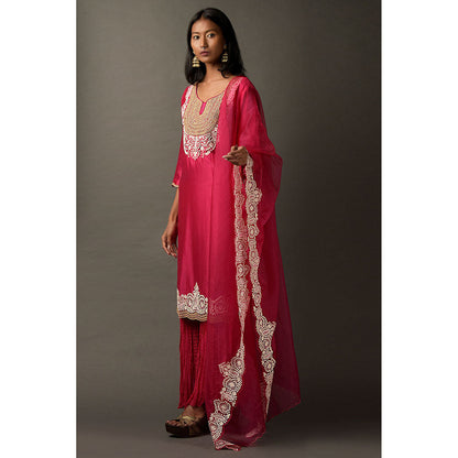 "Two Sisters" by Gyans Hot Pink White Thread Kurta with Dupatta & Pant (Set of 3)