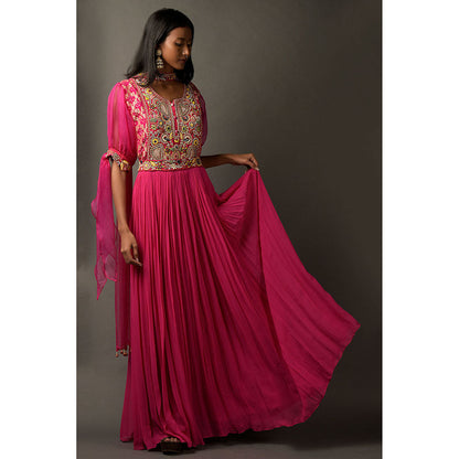 "Two Sisters" by Gyans Hot Pink Anarkali Kurta & Dupatta with A Bandhani Yoke (Set of 2)