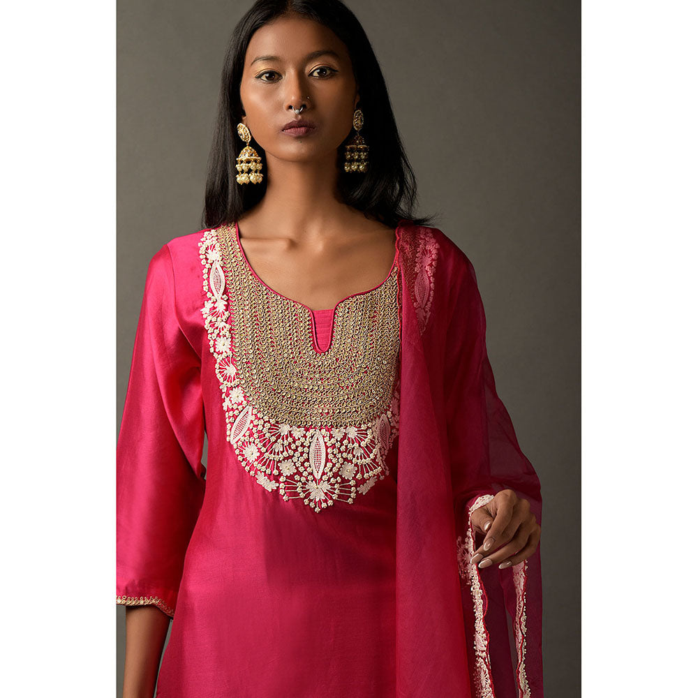 "Two Sisters" by Gyans Hot Pink Anarkali Kurta & Dupatta with A Bandhani Yoke (Set of 2)