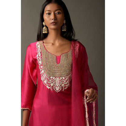 "Two Sisters" by Gyans Hot Pink Anarkali Kurta & Dupatta with A Bandhani Yoke (Set of 2)