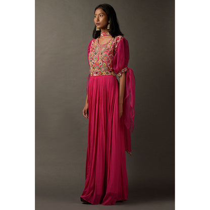 "Two Sisters" by Gyans Hot Pink Anarkali Kurta & Dupatta with A Bandhani Yoke (Set of 2)