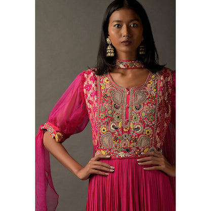 "Two Sisters" by Gyans Hot Pink Anarkali Kurta & Dupatta with A Bandhani Yoke (Set of 2)