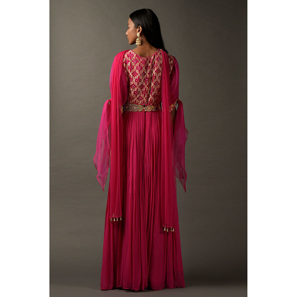 "Two Sisters" by Gyans Hot Pink Anarkali Kurta & Dupatta with A Bandhani Yoke (Set of 2)