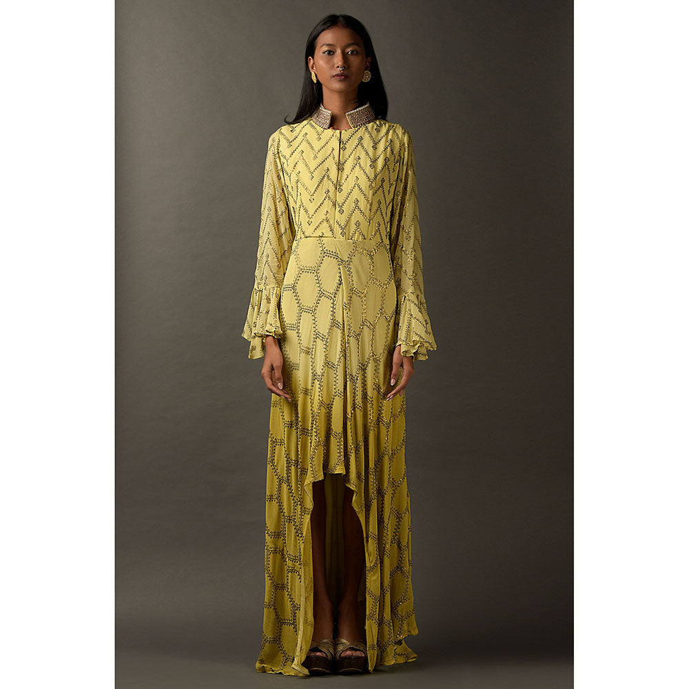 "Two Sisters" by Gyans Light Yellow Embroidered Dress