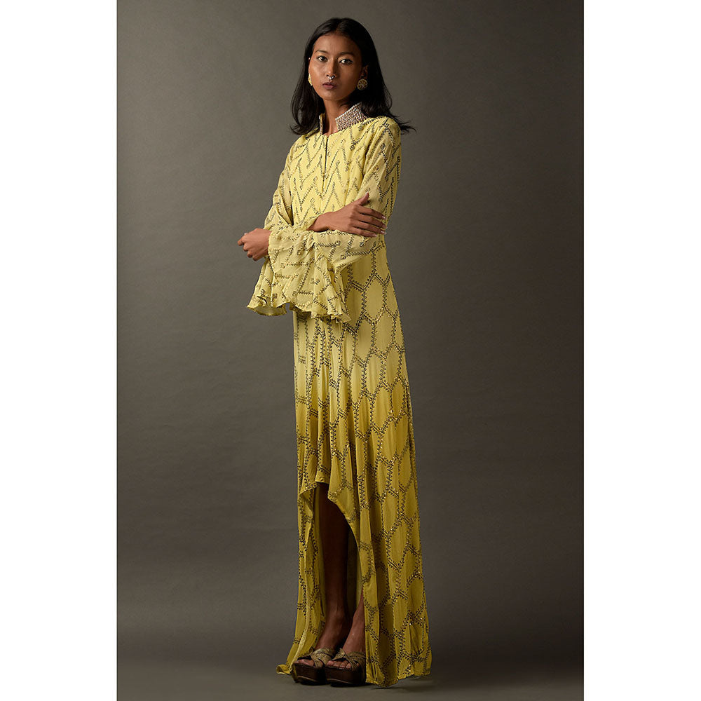 "Two Sisters" by Gyans Light Yellow Embroidered Dress