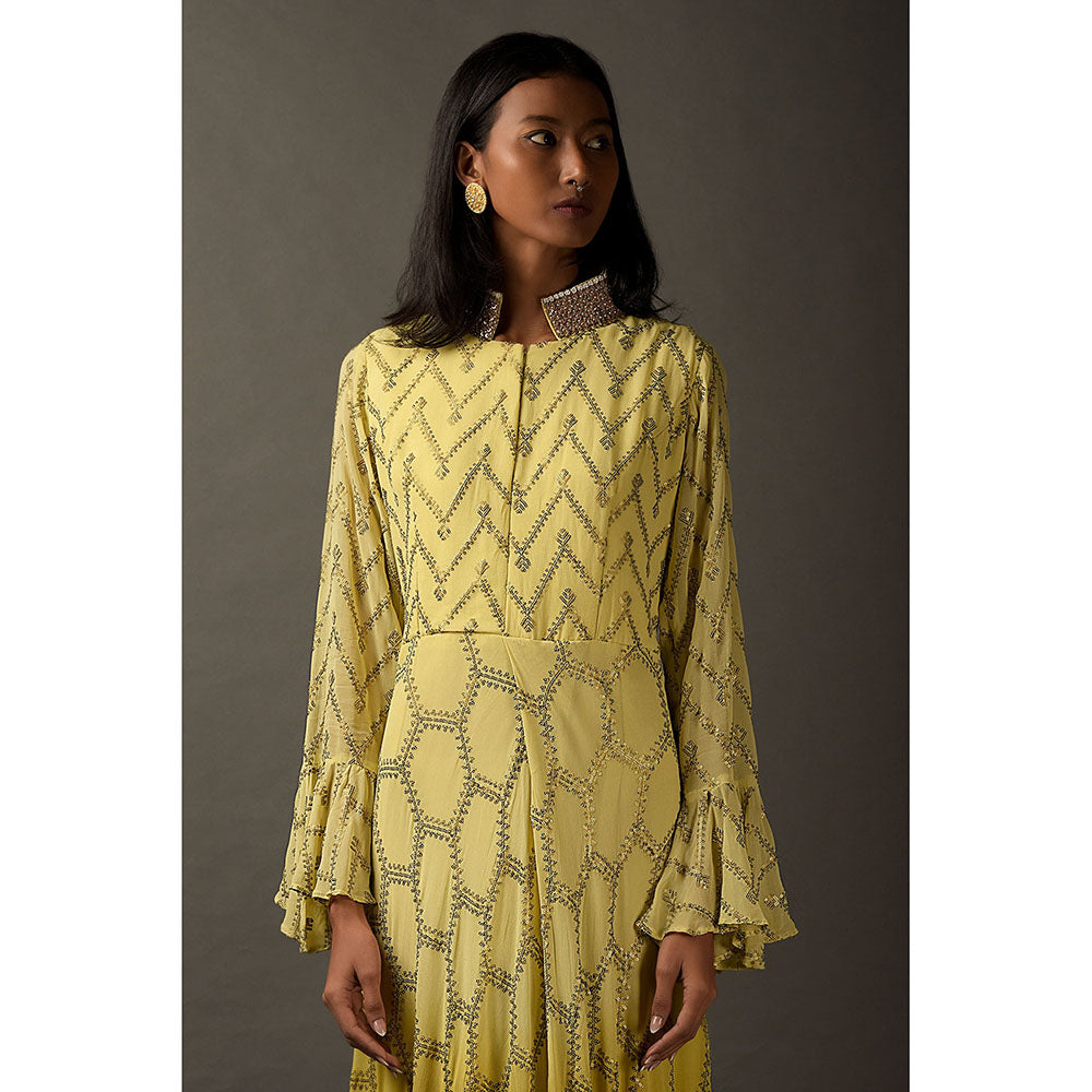 "Two Sisters" by Gyans Light Yellow Embroidered Dress