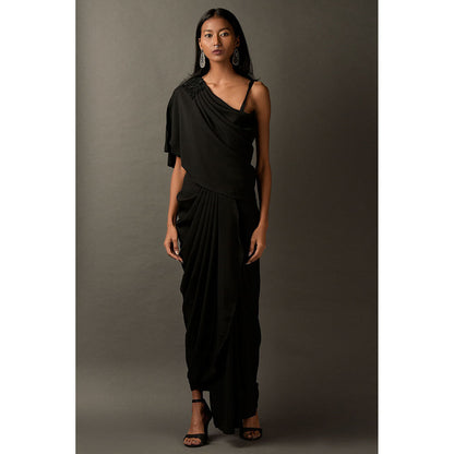 "Two Sisters" by Gyans Black Lycra Embroidered Draped Dress