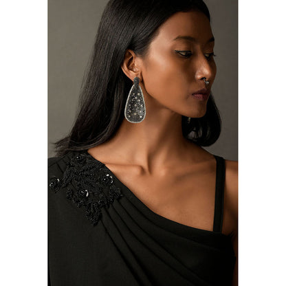 "Two Sisters" by Gyans Black Lycra Embroidered Draped Dress