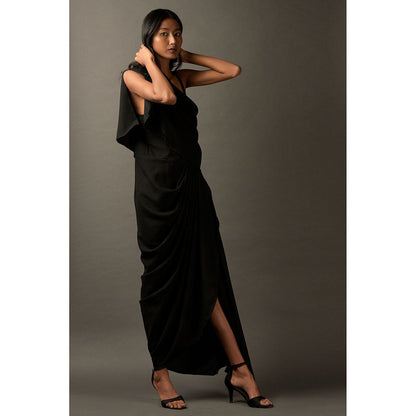 "Two Sisters" by Gyans Black Lycra Embroidered Draped Dress