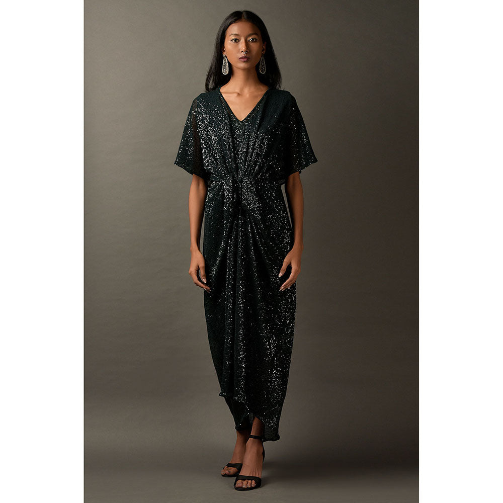 "Two Sisters" by Gyans Bottle Green Embellished Draped Dress