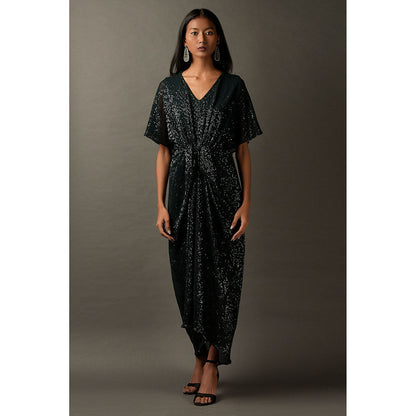 "Two Sisters" by Gyans Bottle Green Embellished Draped Dress