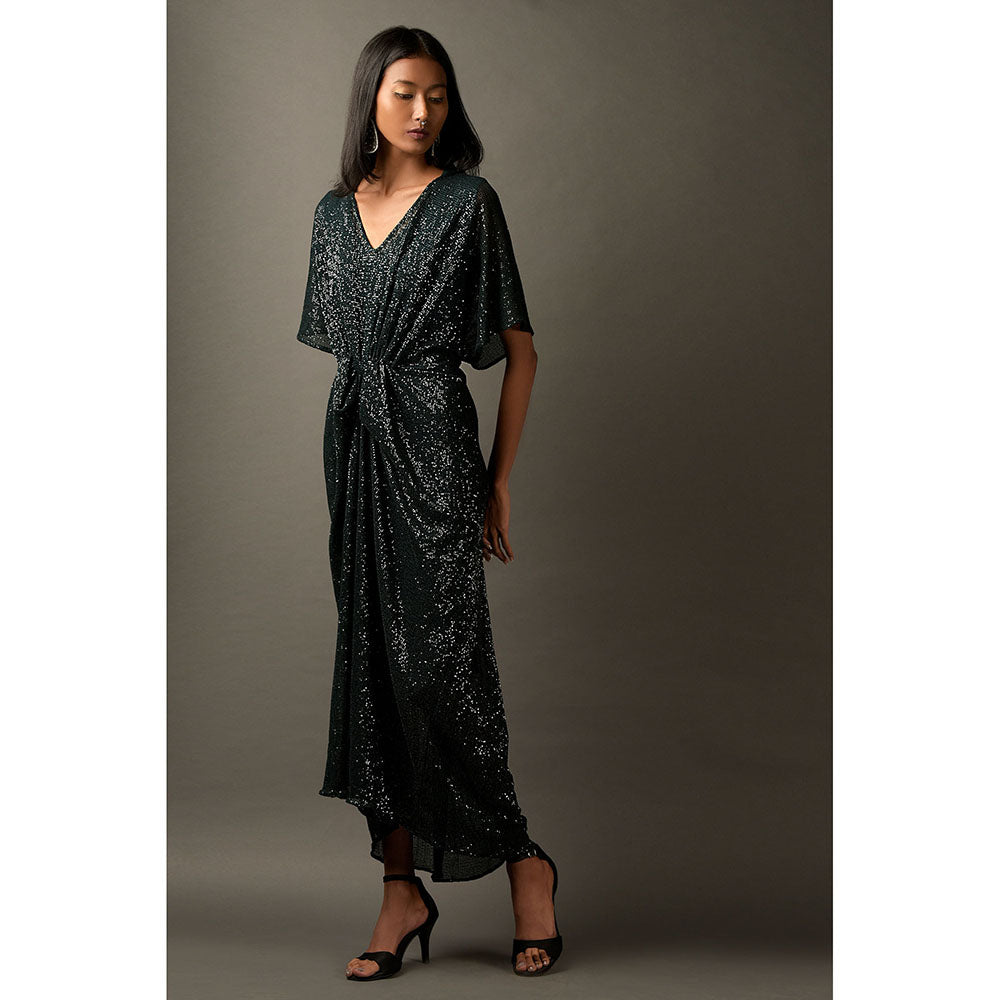 "Two Sisters" by Gyans Bottle Green Embellished Draped Dress
