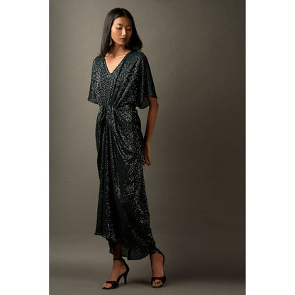 "Two Sisters" by Gyans Bottle Green Embellished Draped Dress