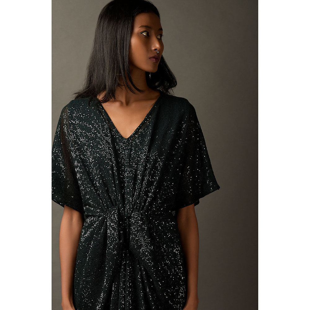 "Two Sisters" by Gyans Bottle Green Embellished Draped Dress