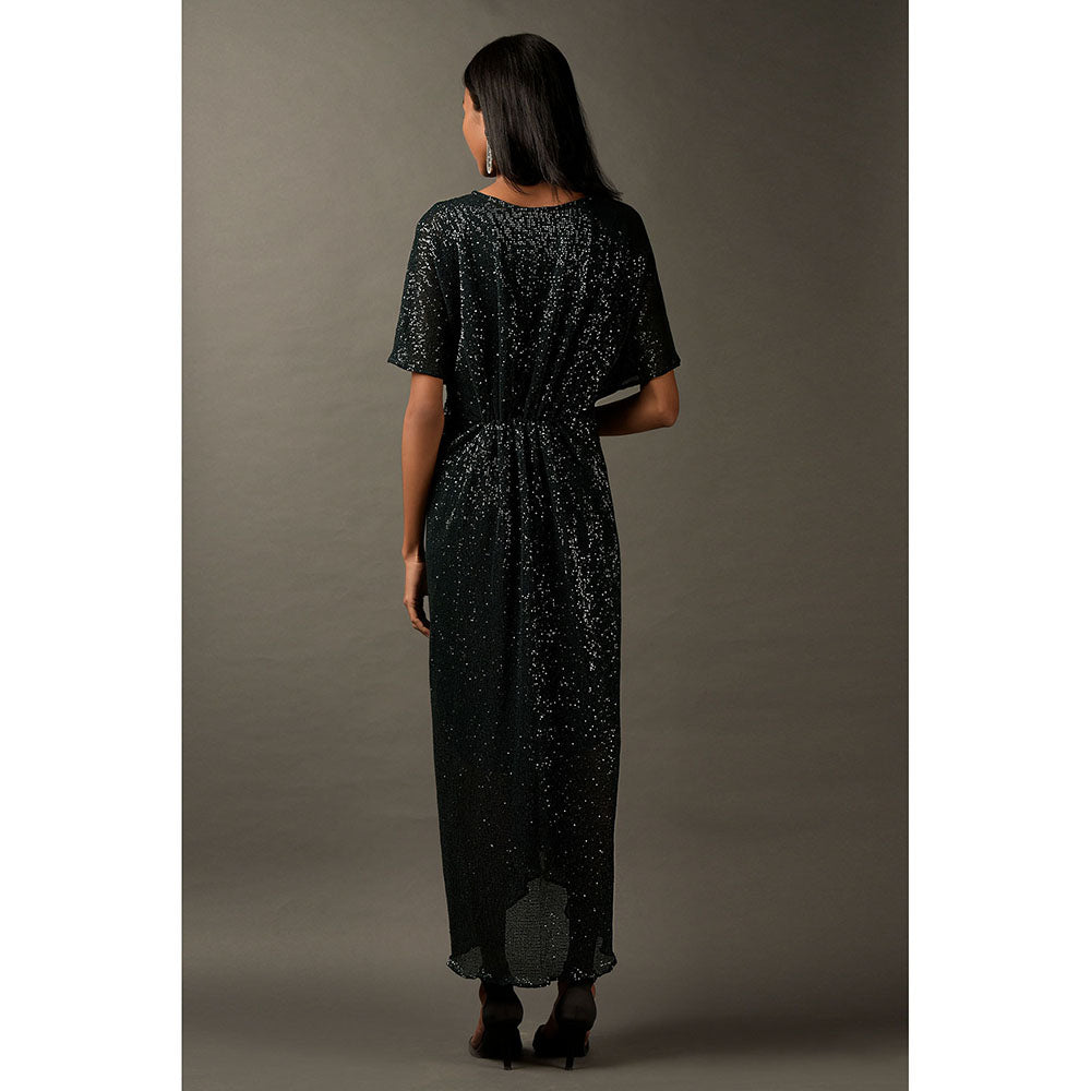 "Two Sisters" by Gyans Bottle Green Embellished Draped Dress
