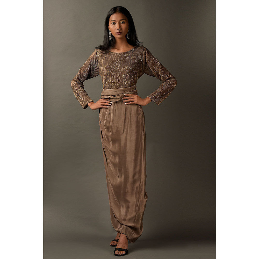 "Two Sisters" by Gyans Beige Satin Embellished Dress