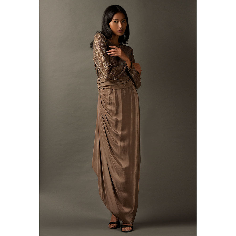 "Two Sisters" by Gyans Beige Satin Embellished Dress