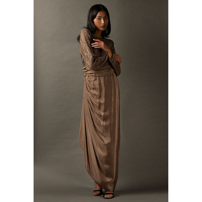 "Two Sisters" by Gyans Beige Satin Embellished Dress