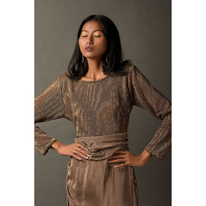 "Two Sisters" by Gyans Beige Satin Embellished Dress