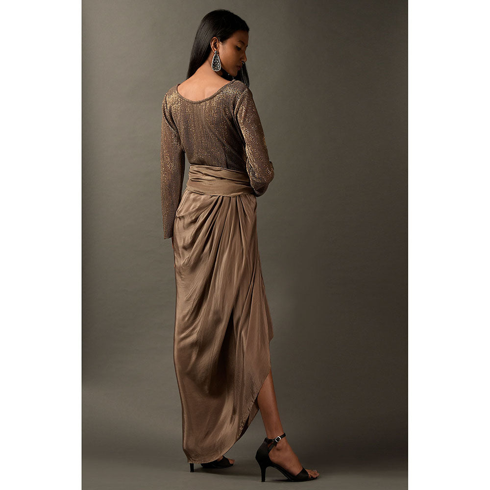 "Two Sisters" by Gyans Beige Satin Embellished Dress