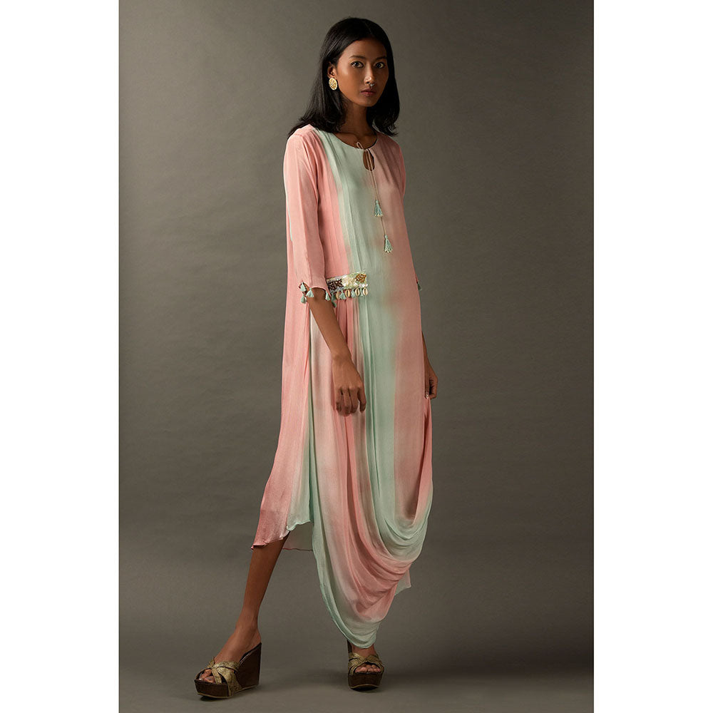 "Two Sisters" by Gyans Pastel Pink & Blue Georgette Embellished Draped Dress