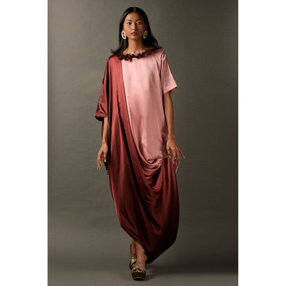 "Two Sisters" by Gyans Pink & Maroon Ombre Satin Embroidered Dress